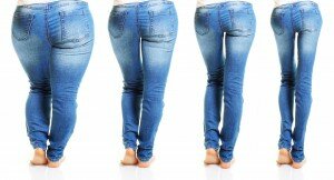 Woman in blue jeans isolated on white background from fat to thin. Diet concept.